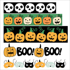 Obraz premium Halloween vector set of borders Vector pattern brushes with skulls, cats and pumpkins