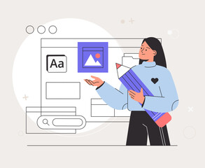 Creative process of making vector illustration for web ui design. Design and Development illustrations. Woman illustrator working in software drawing abstract shapes. Flat vector illustration.