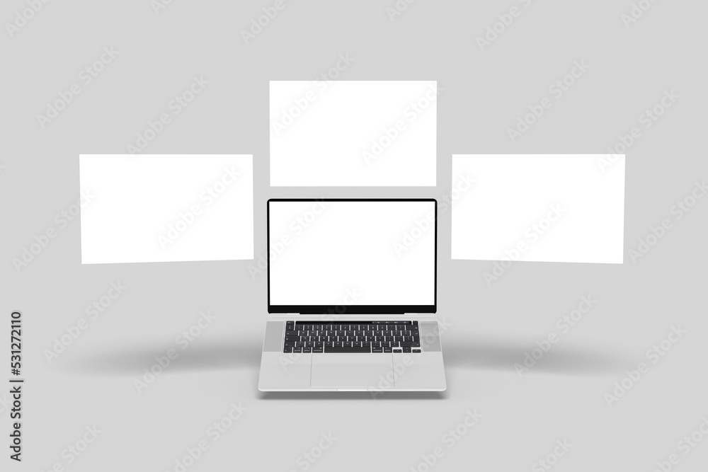 Poster laptop computer mockup with blank wireframing pages. concept for showcasing web-design projects on l