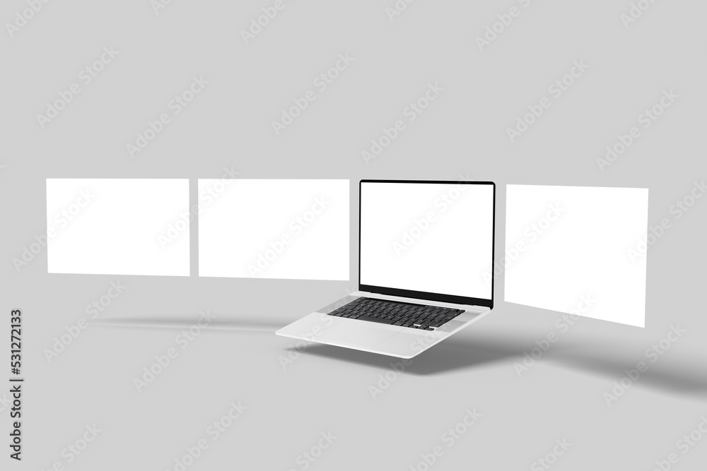 Fototapete Laptop computer mockup with blank wireframing pages. Concept for showcasing web-design projects on light grey background