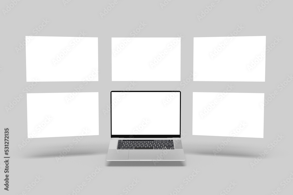 Fototapete Laptop computer mockup with blank wireframing pages. Concept for showcasing web-design projects on light grey background