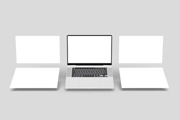 Laptop computer mockup with blank wireframing pages. Concept for showcasing web-design projects on light grey background