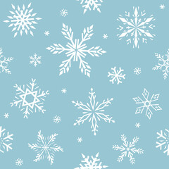 Seamless vector pattern with snowflakes. Blue drawn illustration background. For fabrics, wrapping paper, wallpapers.