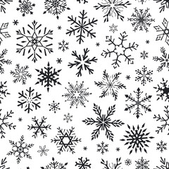 Seamless vector pattern with snowflakes. Graphic black and white hand drawn illustration background.