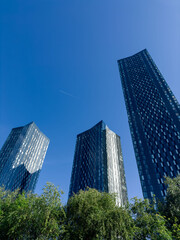 Obraz premium Manchester City Centre Modern skyscrapers with a blue sky background Building Work Deansgate Square