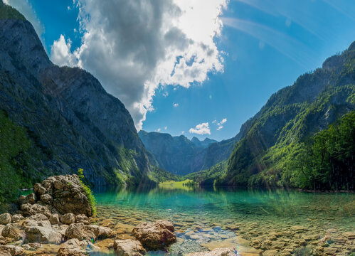 Bavarian Lake view at the Berchtesgaden Obersee which is embedded in pure green nature 