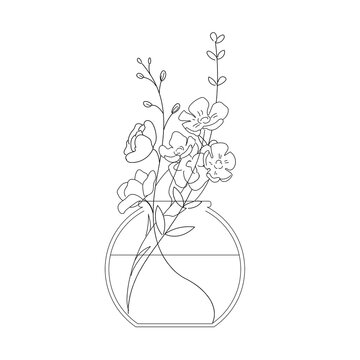 recommend clip art: Floral, flowers in a vase line art vector hand drawn illustration for decoration