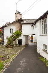 Facade of a white buildings in the village of Hawkshead, England, UK.