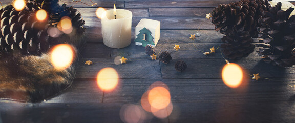 Atmospheric christmas still life. Sustainable decoration for christmas and advent on dark wooden...