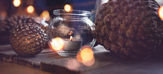 Atmospheric christmas still life. Sustainable decoration for christmas on dark wooden table with...
