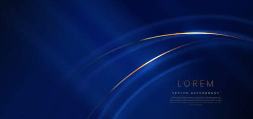 Abstract luxury glowing gold curved lines overlapping on dark blue background.