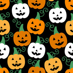 Halloween vector seamless pattern with smiling pumpkins
