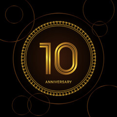 10th Anniversary Celebration with golden text and ring, Golden anniversary vector template