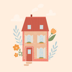 cute hand drawn cottage, countryside village house decorated with flowers and clouds for posters, prints, cards, stickers, templates, invitations, etc. EPS 10