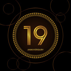 19th Anniversary Celebration with golden text and ring, Golden anniversary vector template