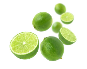 Fresh Green lime with cut in half levitate isolated on white background.