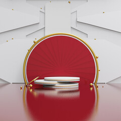 Realistic red and gold round podium with geometric pattern 3D background