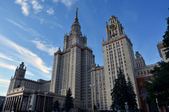 MOSCOW - SEPTEMBER 03, 2022: Moscow State University named after Lomonosov, main building. Popular landmark, example of empire style architecture.