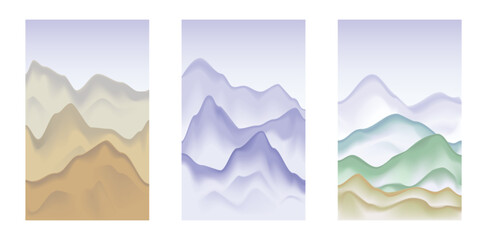 Set of cards with natural mountains landscape. Vector. Painting. Abstract artistic background. Image of mountains