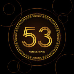 53th Anniversary Celebration with golden text and ring, Golden anniversary vector template