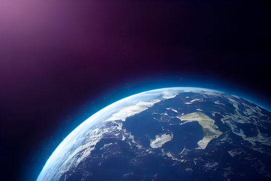 Blue planet earth with purple sun rays. Illustration.