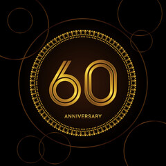 60th Anniversary Celebration with golden text and ring, Golden anniversary vector template