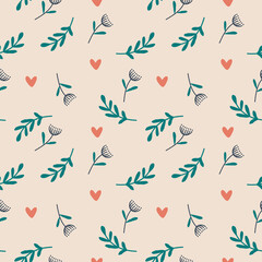 Wild grass, wild flower, branches, hearts. Seamless pattern. Summer neutral vector pattern with a repeating background.