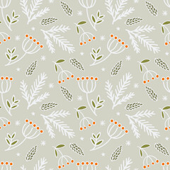 Vector illustration. Seamless light illustration in winter style. Cones, rowan, twigs and snowflakes on a light background. Suitable for various printed products on the winter theme.