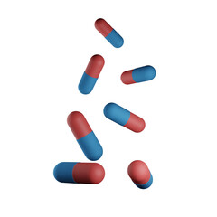 Red and blue capsules isolated on transparent background. 3d render. PNG. Tablets, medicine concept. 3D rendering, ui, ux. Pills. Health