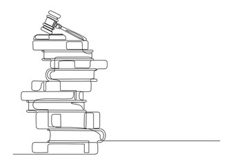 Judge gavel on stack books. Justice, law, court concept. Legal, juridical education. Continuous line vector illustration