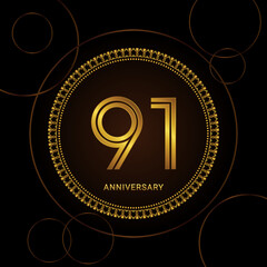 91th Anniversary Celebration with golden text and ring, Golden anniversary vector template