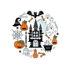 Collection of Halloween holiday elements. Vector, color illustration. Castle, pumpkins, cobwebs, ghosts.
