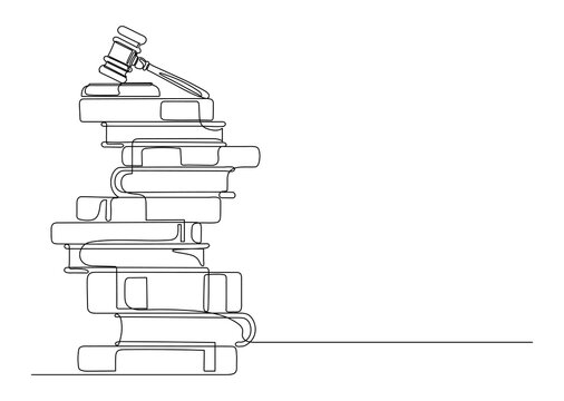 Judge gavel on stack books. Justice, law, court concept. Legal, juridical education. Continuous line vector illustration