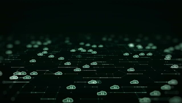 Cloud computing technology concept for data transfer to storage system. Slow motion white cloud icon over polygon on dark green background.