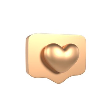 3D gold like notification icon on pins flying. Realistic render heart emoji speech bubble. Online social media, network message. 3d rendering digital marketing icons. Favorite love followers comment.