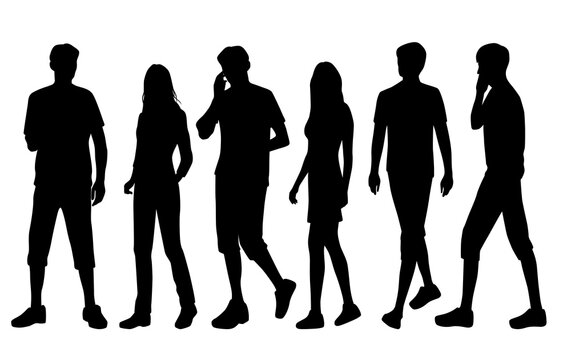Vector silhouettes of  men and a women, a group of walking   business people, black  color isolated on white background