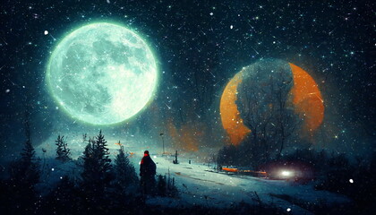 big moon on night starry sky winter forest snowy weather Christmas nature landscape  art abstract oil painting banner