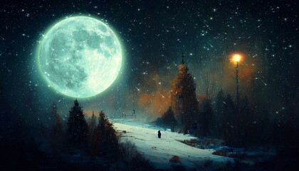 big moon on night starry sky winter forest snowy weather Christmas nature landscape  art abstract oil painting banner