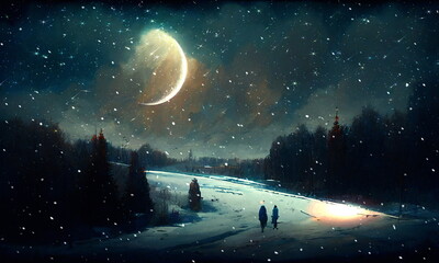Fototapeta premium big moon on night starry sky winter forest snowy weather Christmas nature landscape art abstract oil painting banner