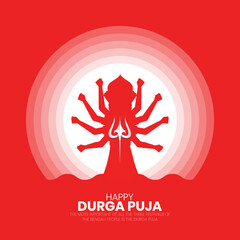 Happy Durga puja greeting design template with Stylish Text and Goddess Durga Hands for Hindu Religious Festival Durga Puja or Navaratri.