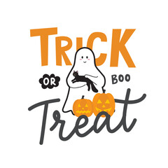Trick or treat hand drawn card with cute ghost holding a black cat, pumpkins and lettering. Hand drawn Halloween characters vector illustration. Happy Halloween greeting card flat style. 