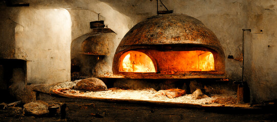 Panorama on a traditional pizza oven or a wood-fired bread oven, traditional Italian atmosphere