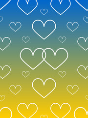 Hearts with a white outline on a gradient blue-yellow background. Vertical banner template. 