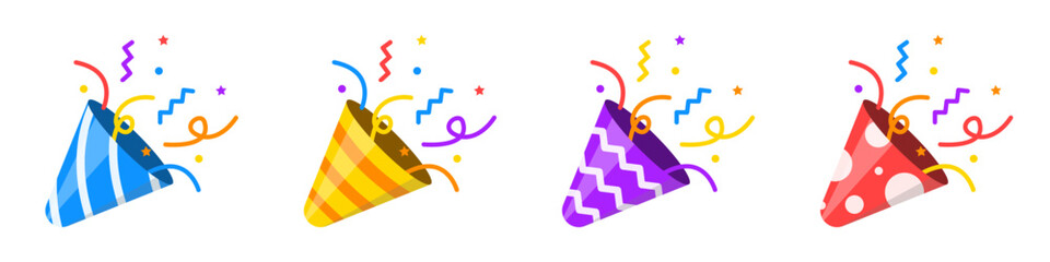 Party popper icons. Confetti for parties and holidays. Vector illustration