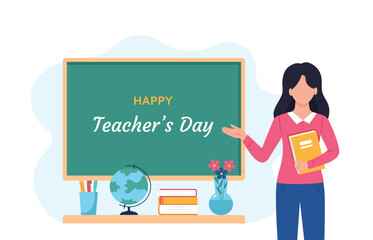 The concept of "Happy Teacher's Day". A female teacher in the classroom. School and study. Cute vector illustration in a flat cartoon style. Greeting card, banner.