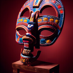 Peruvian Mayan Mask on stand in studio. Multi color. Ancient art. Studio Backdrop. Filmic lighting....