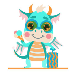 fabulous green dragon traveler in sunglasses with a suitcase and ice cream. Vector illustration for designs, prints and patterns. Cute illustration of the fantastic symbol of the baby dragon of 2024