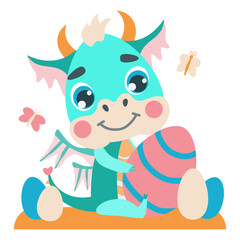 Cute green dragon is looking for Easter eggs. Vector illustrations in a flat cartoon style for design, prints, greeting cards, patterns. fantastic character baby dragon 2024