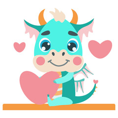 Cute green dragon is holding a pink heart - a gift for Valentine's day. Vector illustrations in a flat cartoon style for design, prints, greeting cards, patterns. fantastic character baby dragon 2024