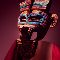 Peruvian Mayan Mask on stand in studio. Multi color. Ancient art. Studio Backdrop. Filmic lighting. Front light. Top light. Directional lighting.